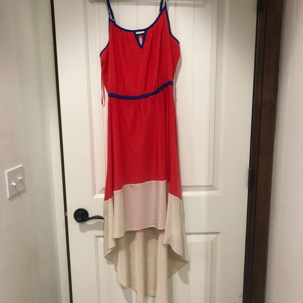 Willow and Clay. Coral, Ivory and blue dress.